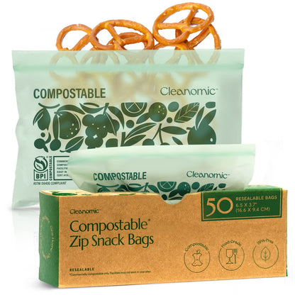 Cleanomic Compostable Zip Sandwich Bags - Leak Resistant, Gallon, Quart, Sandwich, Snack - 125 Count