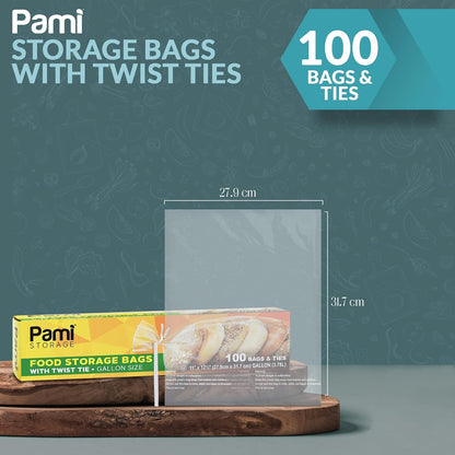 PAMI Gallon Twist Tie Storage Bags 11x12.5 in,Disposable,Food Safe,100-Pack