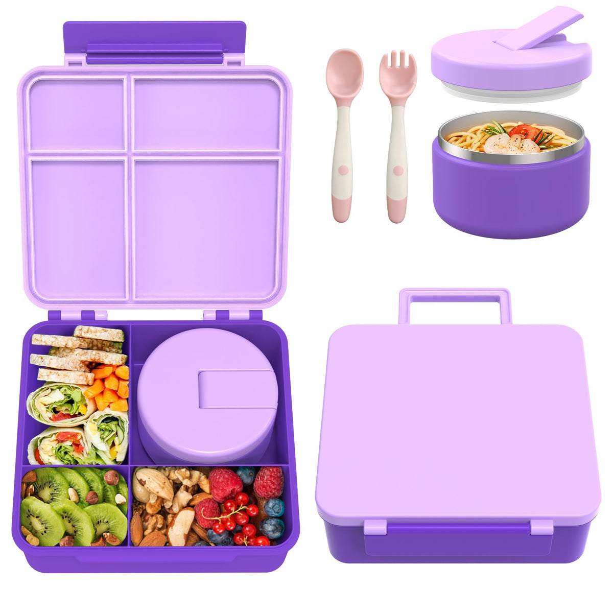 Pawtong Bento Lunch Box with 8oz Soup Thermo, Kids Leakproof Lunch Food Containers with 4 Compartment, Kids Thermo Insulated Hot Food Jar for School, Trvael - (Pink)