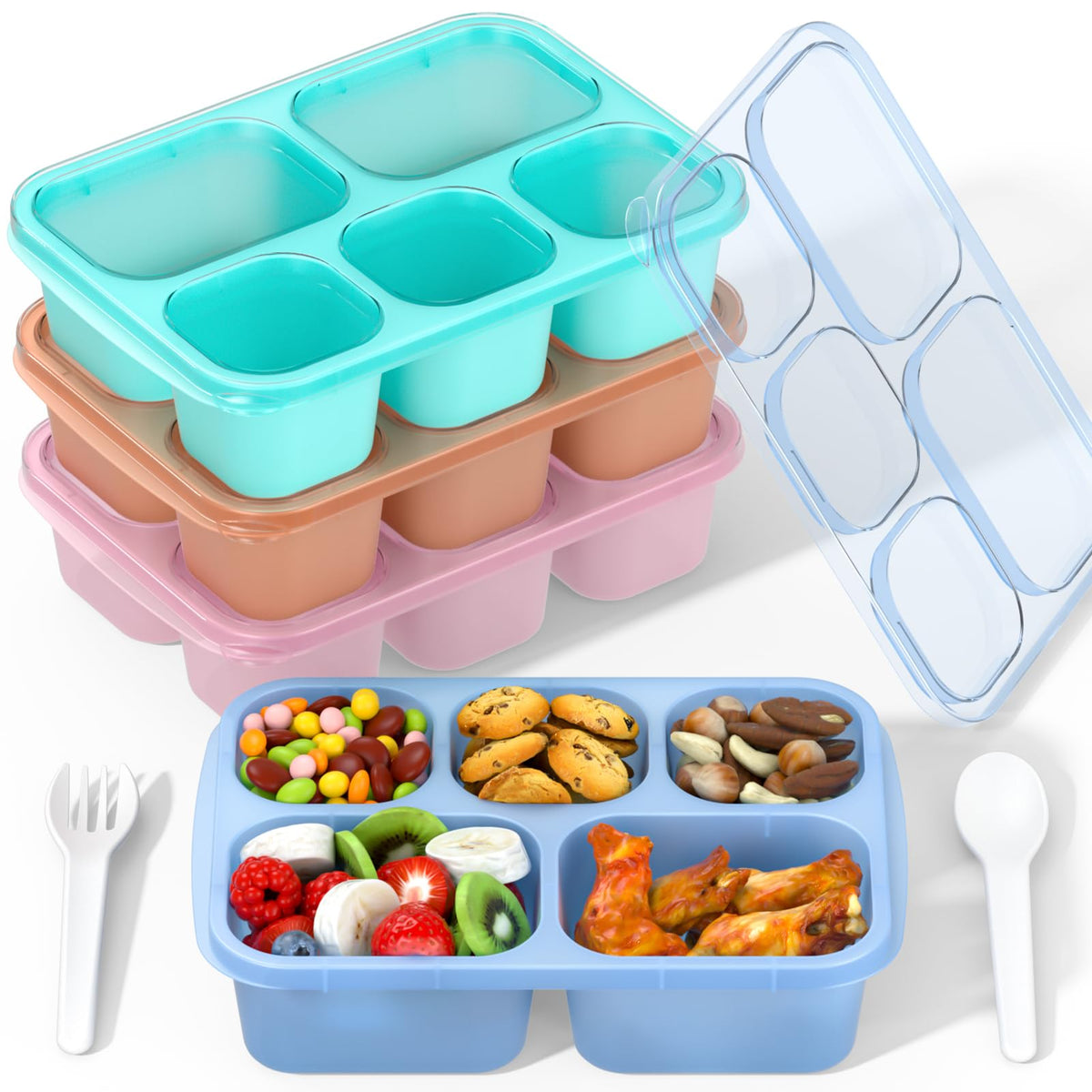 Bento Box Adult Lunch Box - 4 Pack, 5 - Compartment Meal Prep Container for Kids, Reusable Food Storage Snack Containers - Stackable for School, Work, and Travel (Wheat(Green/Blue/Pink/Beige))