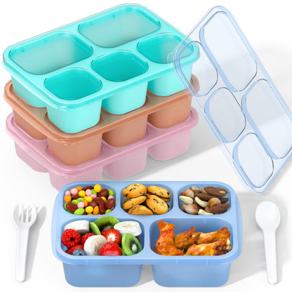 Bento Box Adult Lunch Box - 4 Pack, 5 - Compartment Meal Prep Container for Kids, Reusable Food Storage Snack Containers - Stackable for School, Work, and Travel (Wheat(Green/Blue/Pink/Beige))