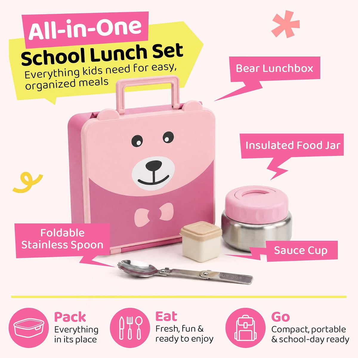 Kids Bento Lunch Box Leak-Proof 4-Compartment 8oz Soup Thermo（Pink）