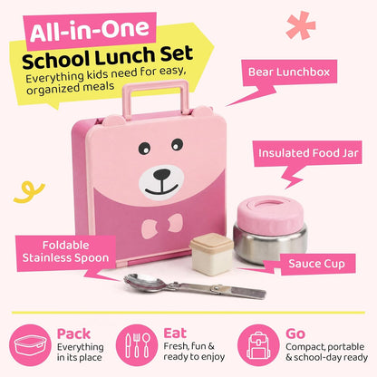 Kids Bento Lunch Box Leak-Proof 4-Compartment 8oz Soup Thermo（Pink）