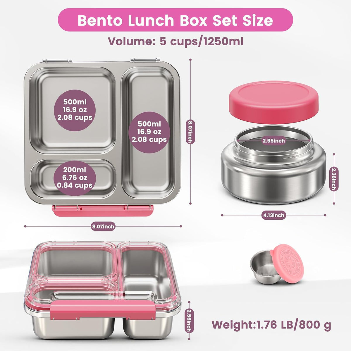 Stainless Steel Bento Box Kids Adult with 7oz Soup Thermo, Transparent Lid 3 Compartments Metal Bento Lunch Box with Insulated Food Jar,Lunch Box Container Sauce Cup for School,BPA-Free(Pink)