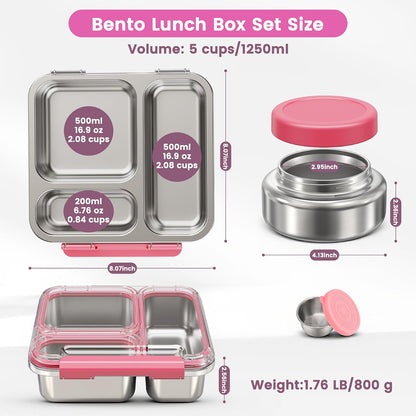 Stainless Steel Bento Box Kids Adult with 7oz Soup Thermo, Transparent Lid 3 Compartments Metal Bento Lunch Box with Insulated Food Jar,Lunch Box Container Sauce Cup for School,BPA-Free(Pink)