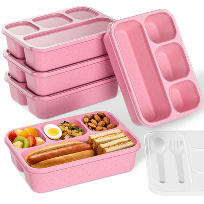 Bento Box 5-Pack, 4-Compartment Lunch Box for Women, Men & Kids, BPA-Free Wheat Straw Snack Containers, Ideal for Meal Prep, Travel, School, Work (White)