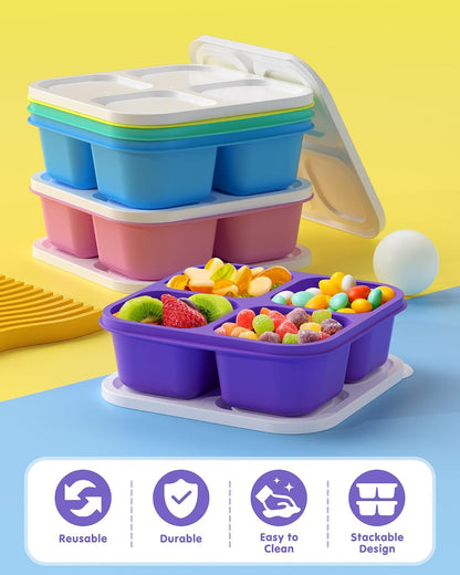 Canfanni 5 Pack Bento Snack Containers, 4 Compartment BPA-free Plastic Food Storage Containers, Divided Lunchable Container, Bento Lunch Box for Work and Travel
