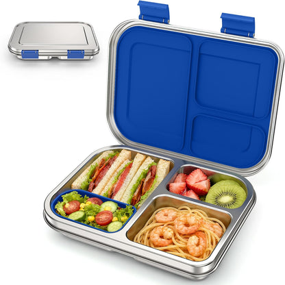 BABHAMNESS Stainless Steel Bento Box Kids, 3 Compartments Leak Proof Metal Bento Lunch Box, 304 Stainless Steel Bento Lunch Containers for School and Office,Dishwasher Safe, BPA-Free-Blue