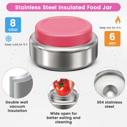 Stainless Steel Bento Box Kids Adult with 7oz Soup Thermo, Transparent Lid 3 Compartments Metal Bento Lunch Box with Insulated Food Jar,Lunch Box Container Sauce Cup for School,BPA-Free(Pink)