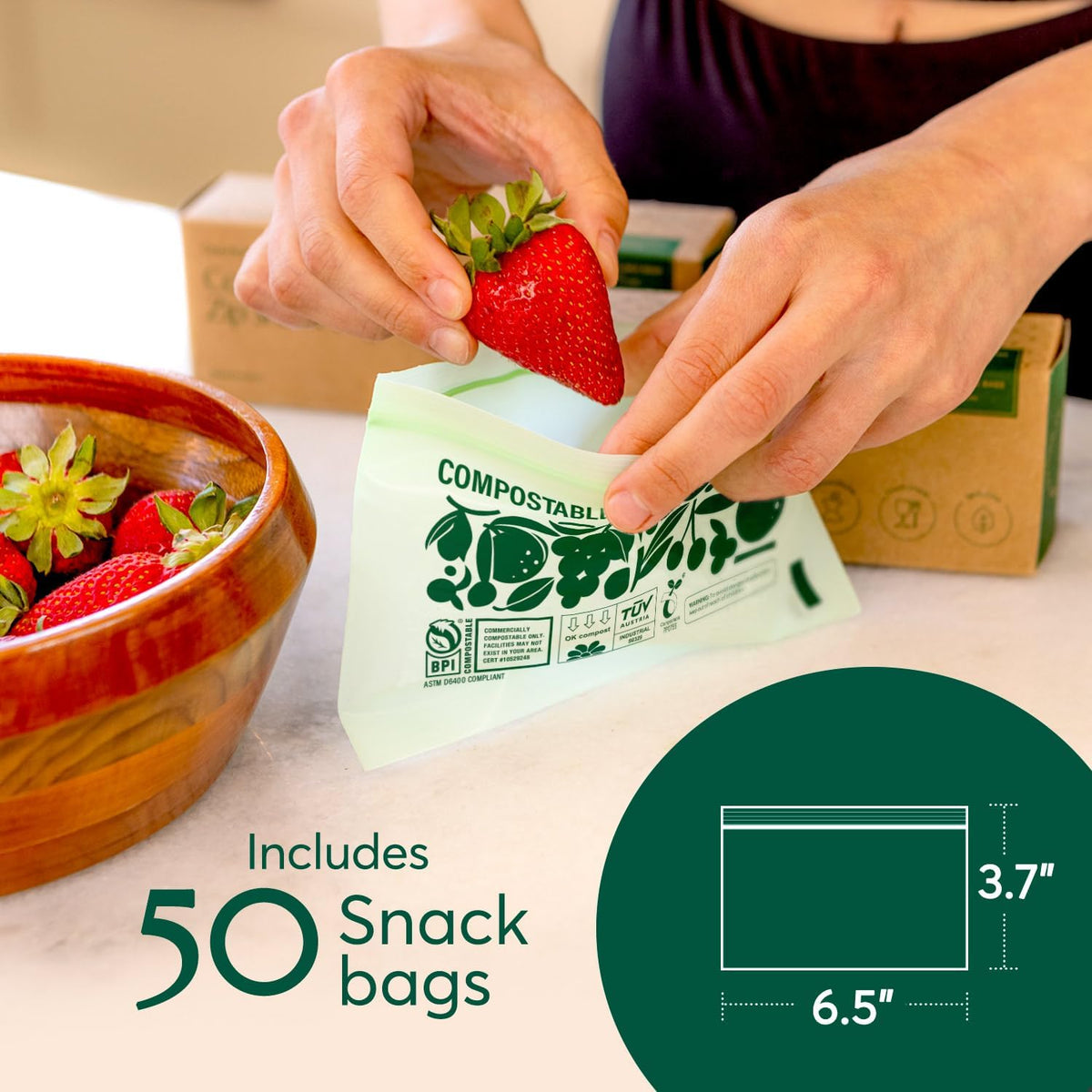Cleanomic Compostable Zip Sandwich Bags - Leak Resistant, Gallon, Quart, Sandwich, Snack - 125 Count