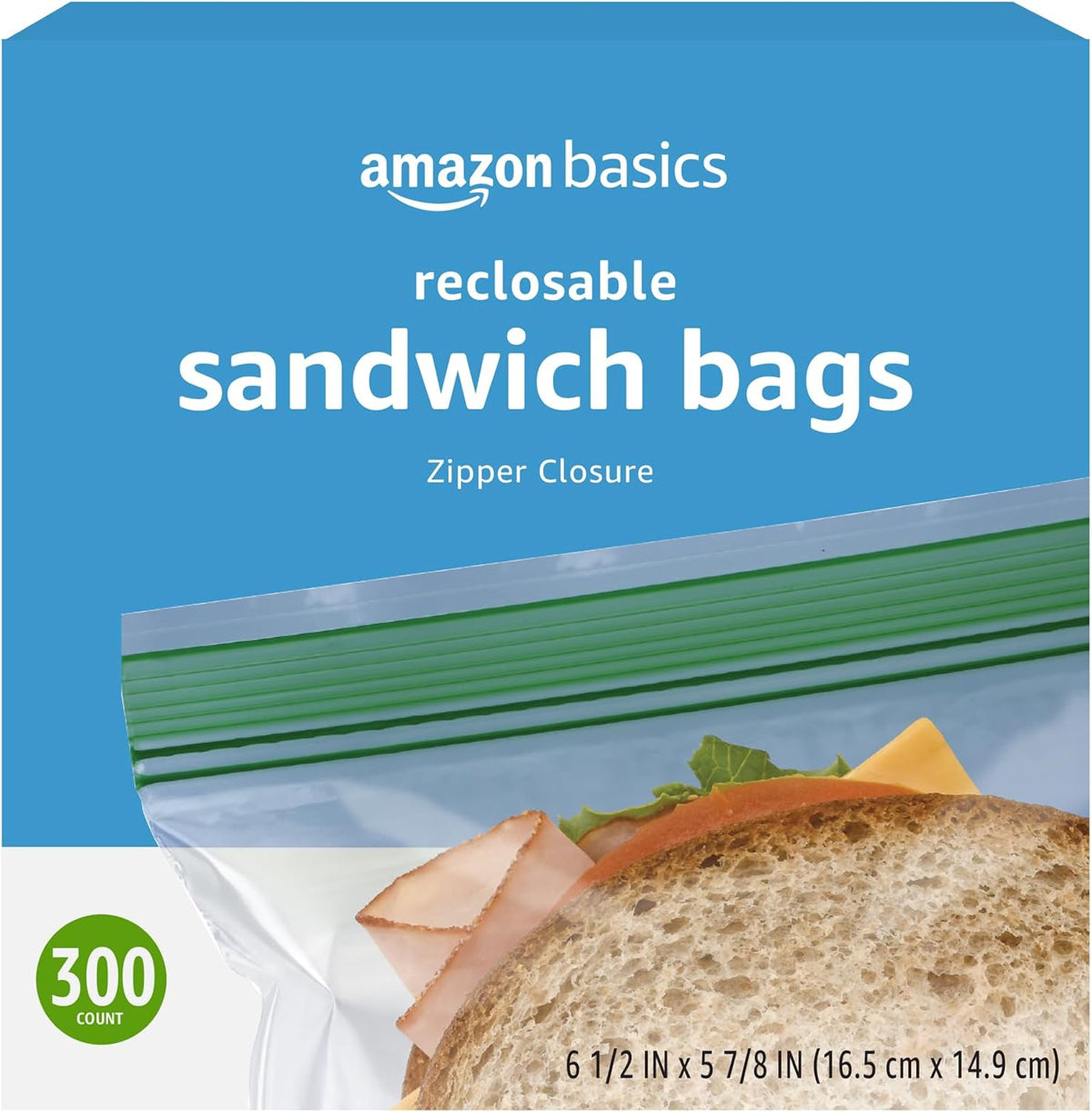 Amazon Basics Resealable Double Zipper Sandwich Storage Bags for Food Storage, 300 Count (Previously Solimo)