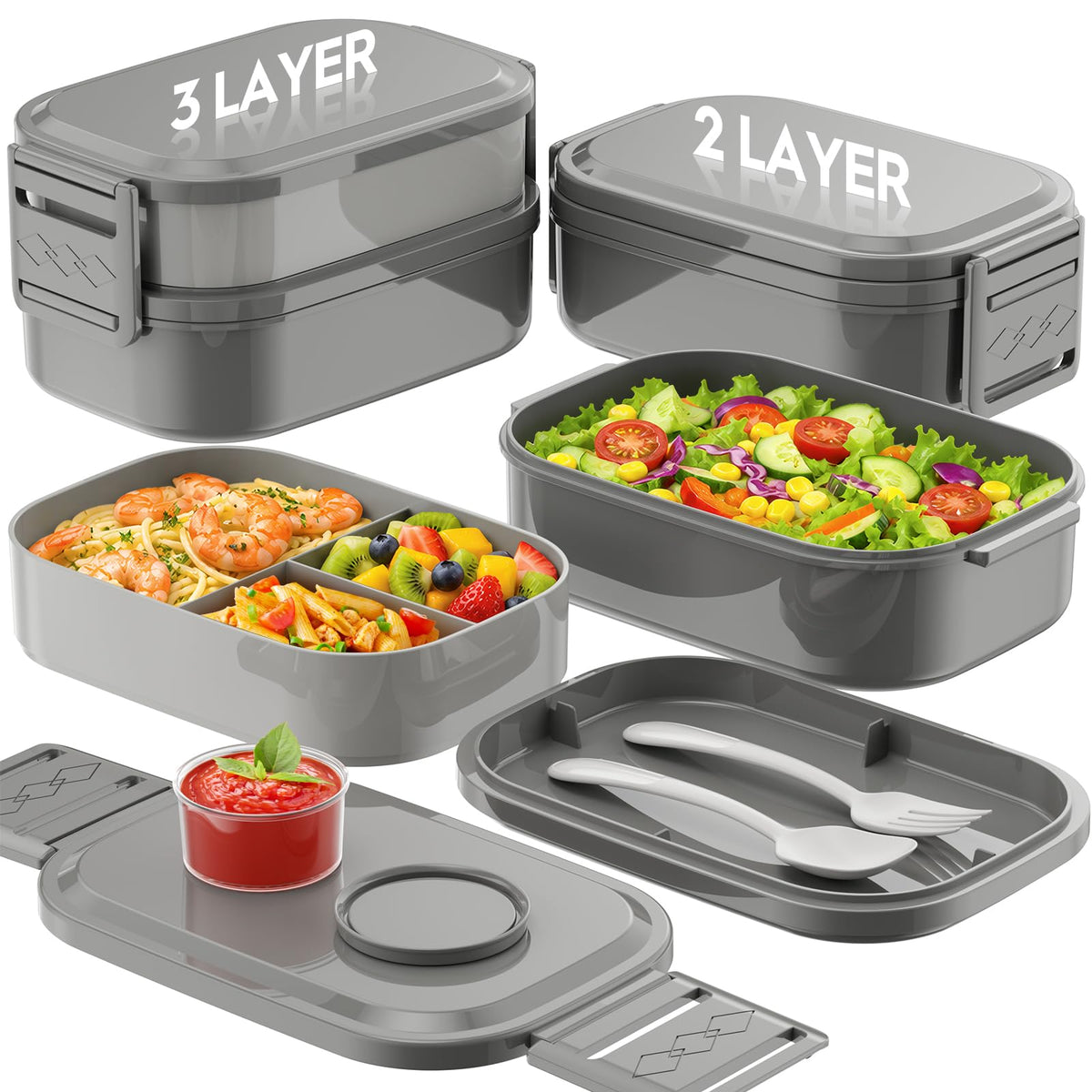 BiuLeon Bento Box Adult Lunch Box, 65 Oz Capacity Lunch Containers(Adjustable 2/3 Tier), BPA-Free, Leak-Proof and Stackable Bento Lunch Box, Microwave & Dishwasher Safe with Utensils(Gray)