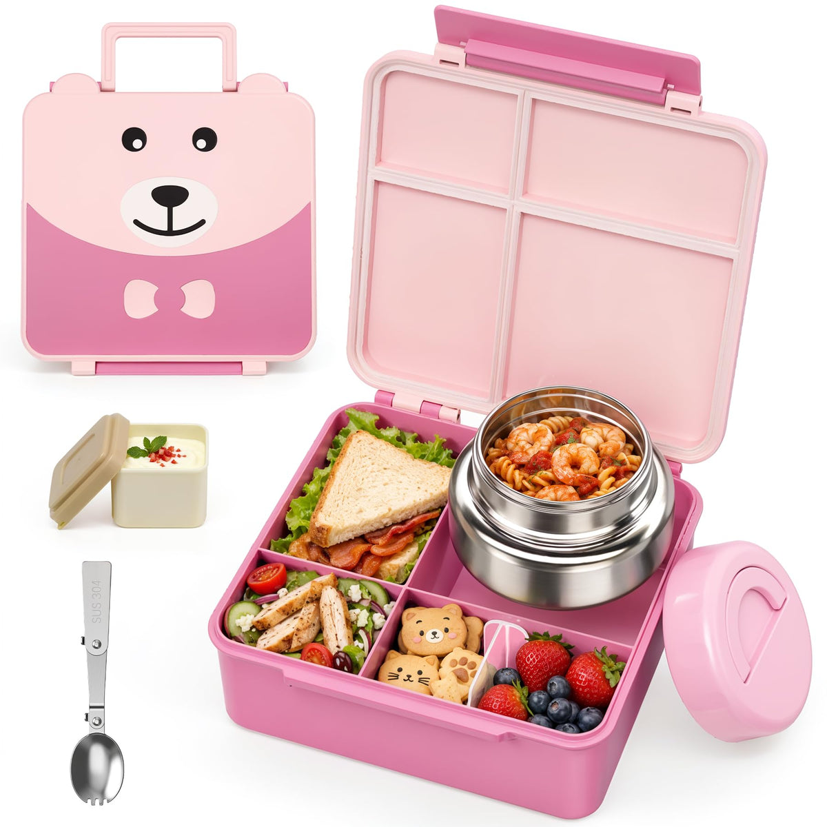Bento Lunch Box for Kids with 9oz Soup Thermo,Kids 4 Compartments Bento Box with Folding Spoon & Sauce Cup,Lunch Box Kids for School,Travel, BPA-Free(Black)