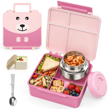 Bento Lunch Box for Kids with 9oz Soup Thermo,Kids 4 Compartments Bento Box with Folding Spoon & Sauce Cup,Lunch Box Kids for School,Travel, BPA-Free(Black)