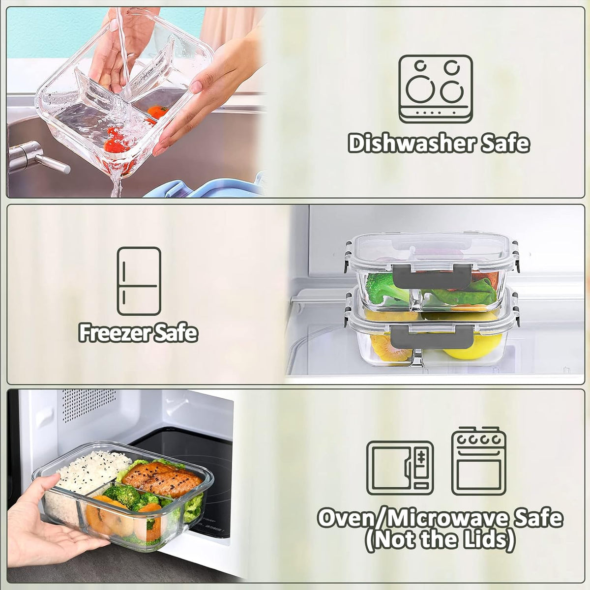 M MCIRCO 5 Pack,36 oz, 3 Compartments Glass Meal Prep Containers with Lids