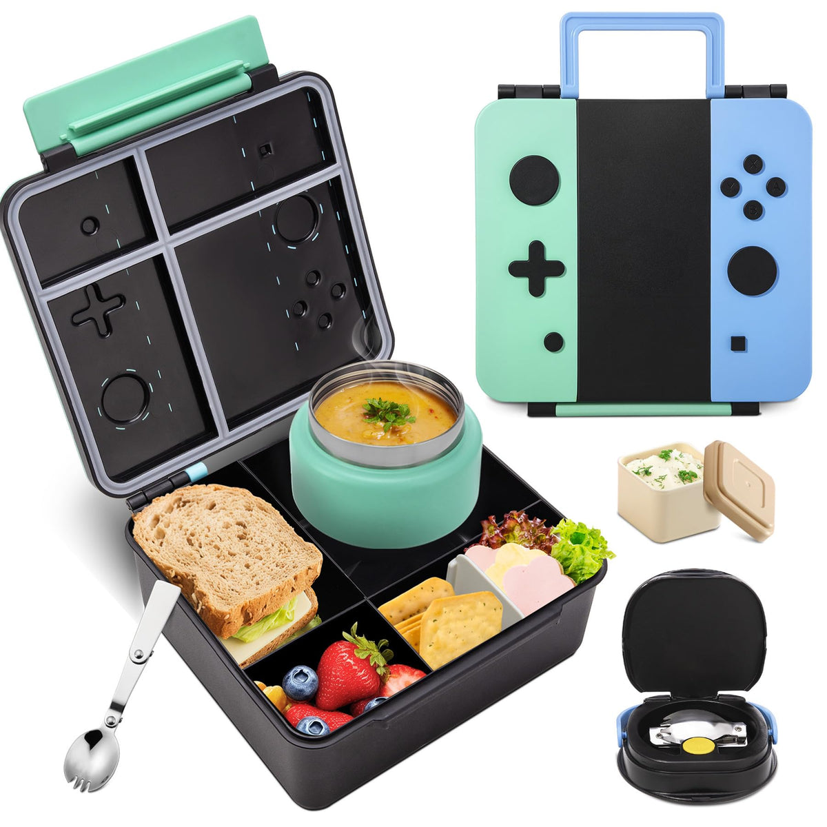 Game Bento Box for Kids, Lunch Box with Thermo(9oz Food Jar), Folding Spoon, Removable Divider & Sauce Cup, Lunch Box Kids for School,Travel, BPA-Free & Realistic Shape(Blue-Red)