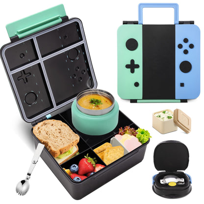 Game Bento Box for Kids, Lunch Box with Thermo(9oz Food Jar), Folding Spoon, Removable Divider & Sauce Cup, Lunch Box Kids for School,Travel, BPA-Free & Realistic Shape(Blue-Red)