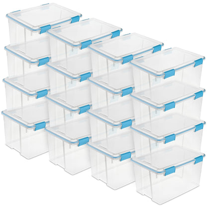 Sterilite 80 Qt Gasket Box, Stackable Storage Bin with Latching Lid and Tight Seal, Plastic Container to Organize Basement, Clear Base and Lid, 1-Pack