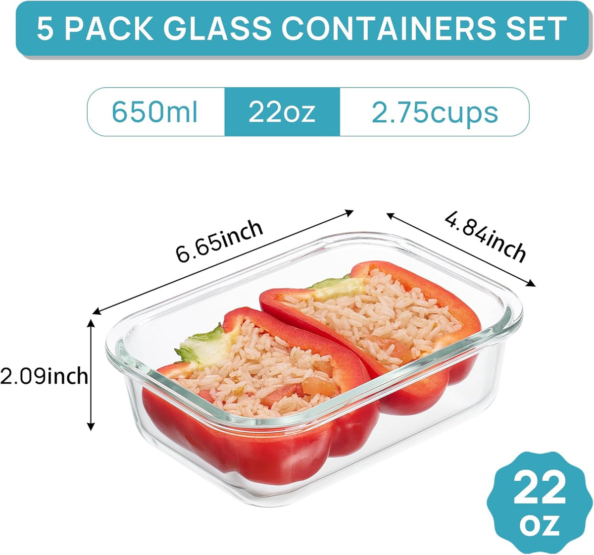 Vtopmart 5Pack 22oz Glass Storage Containers with Lids, Grey