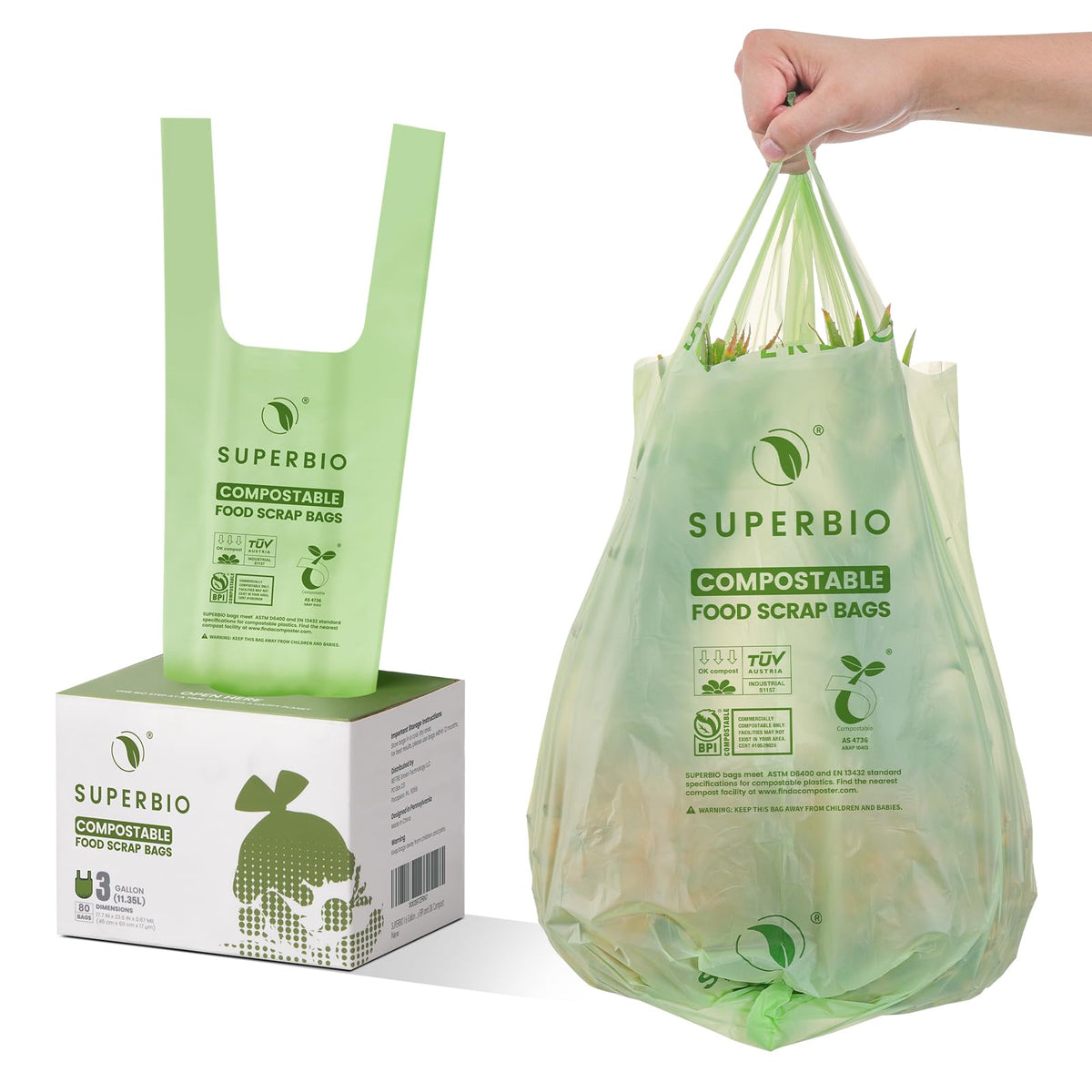 SUPERBIO 1.6 Gallon Compostable Food Scrap Bags For Counter Top Bin