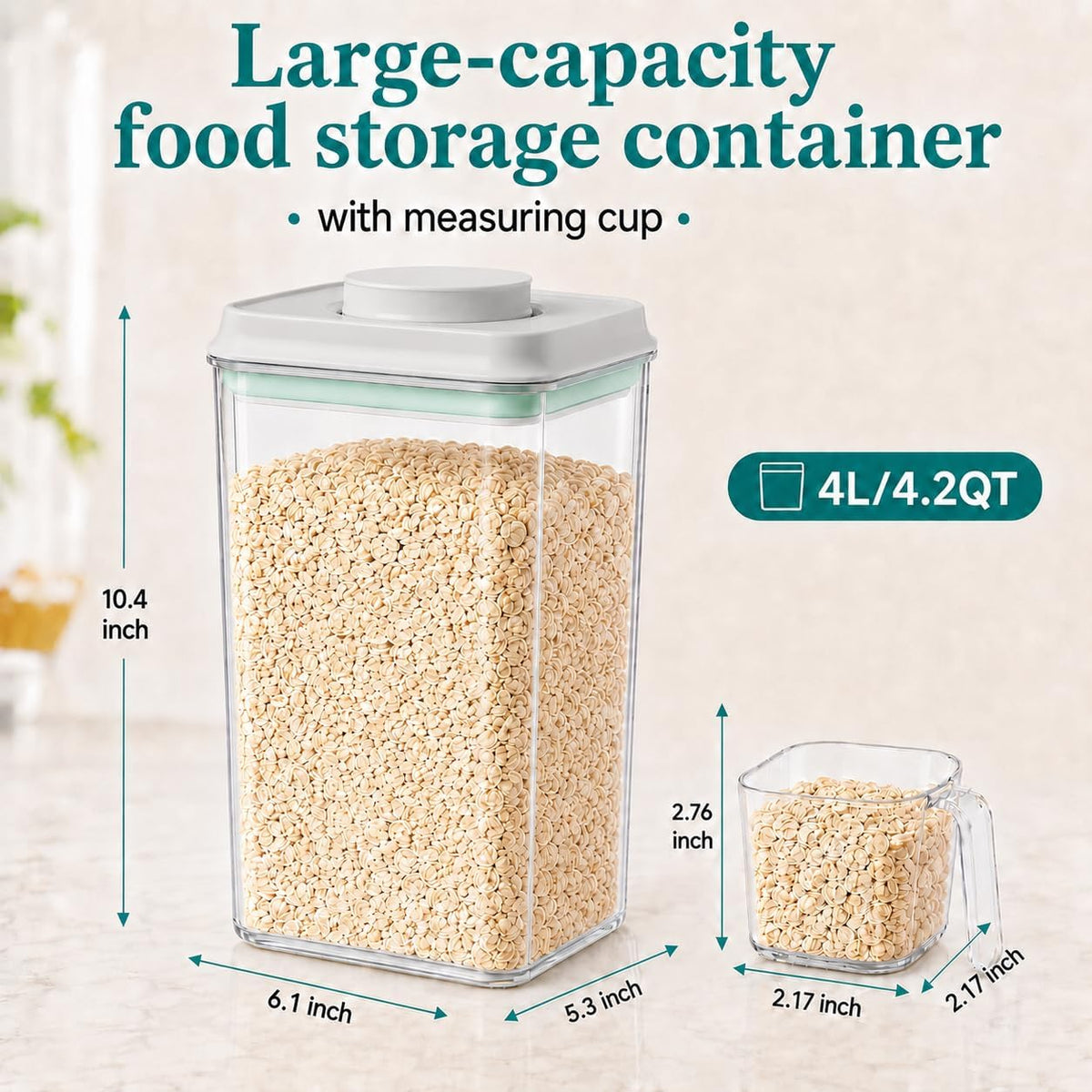 POP Airtight Flour-Rice Food-Storage Container - 4L/4.2Qt Jar with Lid and 3.3Oz Scoop | BPA-Free | Can Hold 5lb of Flour or 5lb of Rice | Stackable and Durable