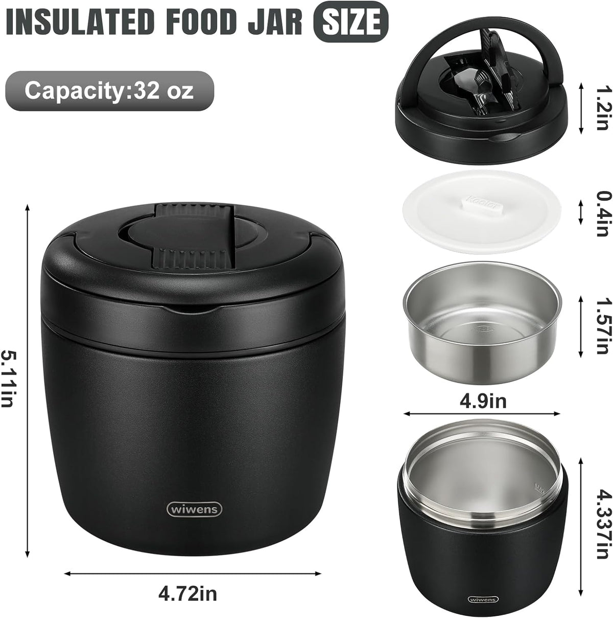 wiwens Thermo Food Jar for Hot Food 32OZ Soup Thermo Lunch Containers Wide Mouth Vacuum Insulated Stainless Steel Leakproof Bento Box with Spoon (Black)