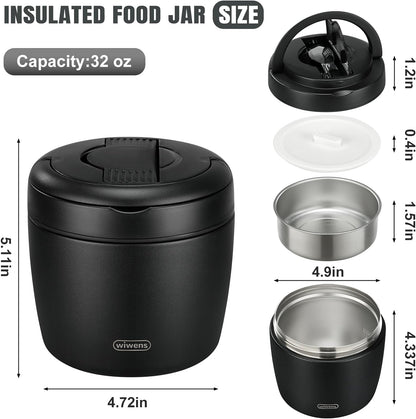 wiwens Thermo Food Jar for Hot Food 32OZ Soup Thermo Lunch Containers Wide Mouth Vacuum Insulated Stainless Steel Leakproof Bento Box with Spoon (Black)
