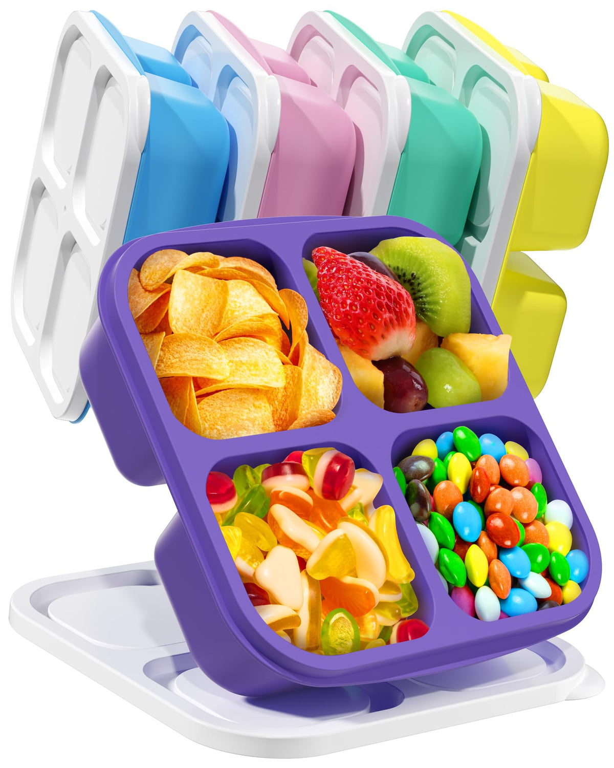 Canfanni 5 Pack Bento Snack Containers, 4 Compartment BPA-free Plastic Food Storage Containers, Divided Lunchable Container, Bento Lunch Box for Work and Travel