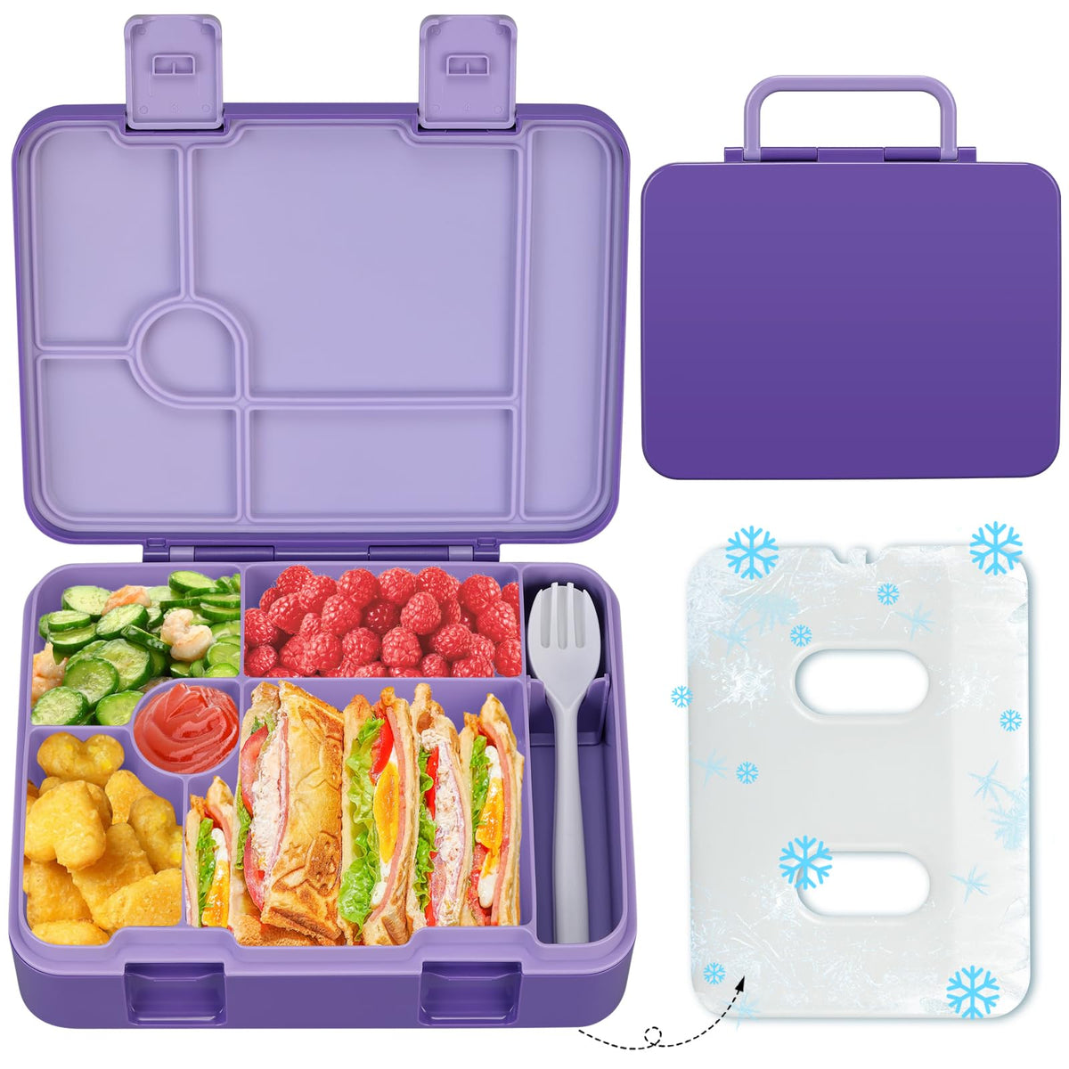 Kids Bento Lunch Box with Ice Pack, 5 Compartments Leak-Proof Bento Box with Utensils, 5.5-Cup Capacity for Adults & Ages 8+, BPA Free, Microwave & Dishwasher Safe, Pink
