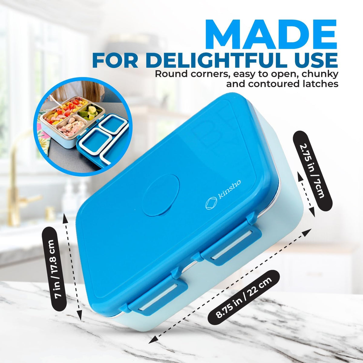 kinsho Stainless Steel Bento Box Lunch Container for Boys Kids, Blue