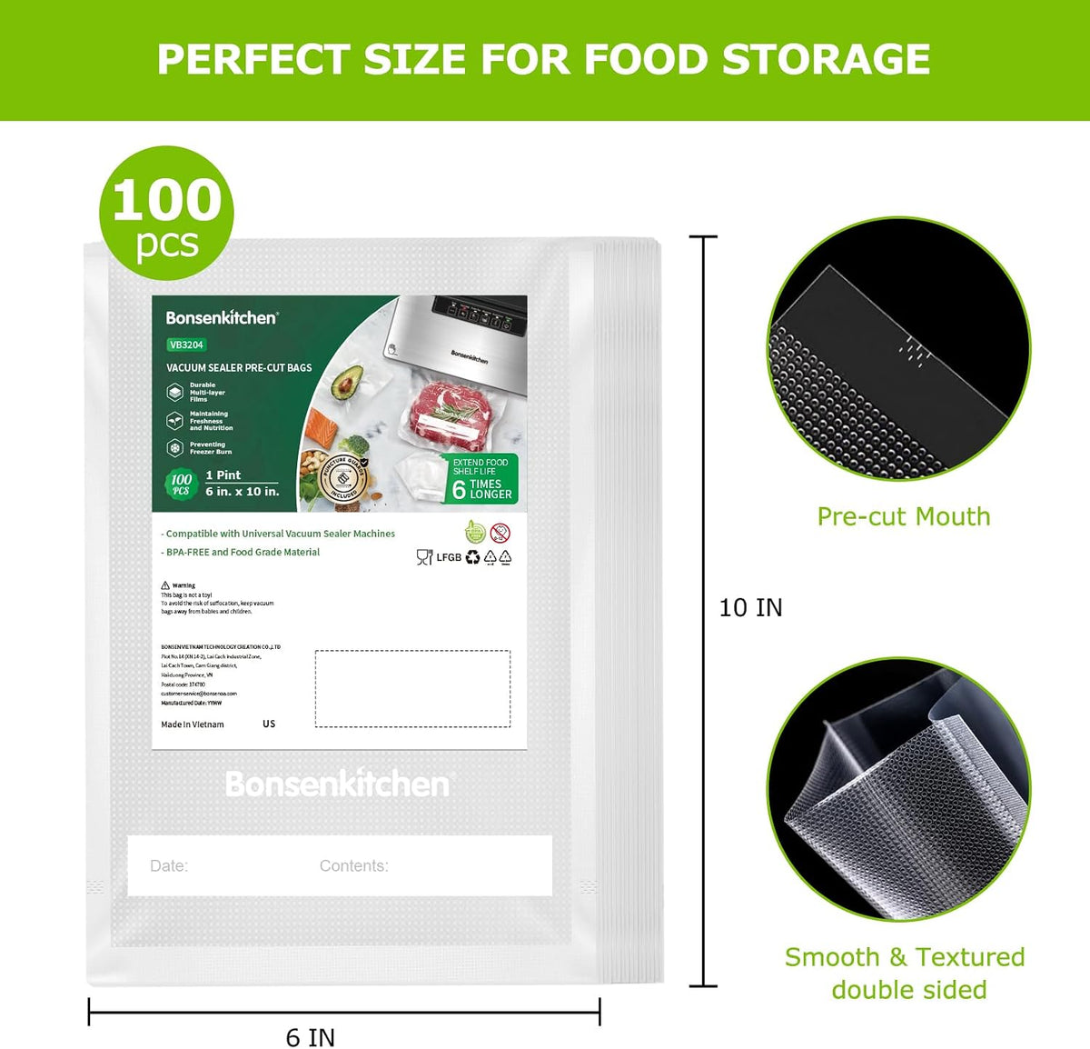 Bonsenkitchen Precut Vacuum Food Sealer Bags 100 Pint 6" x 10", BPA Free