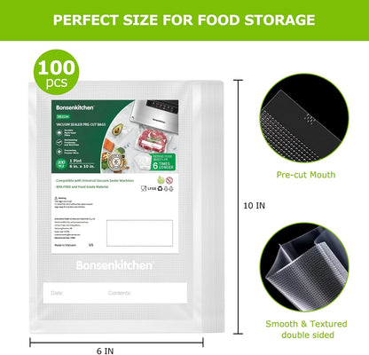 Bonsenkitchen Precut Vacuum Food Sealer Bags 100 Pint 6" x 10", BPA Free
