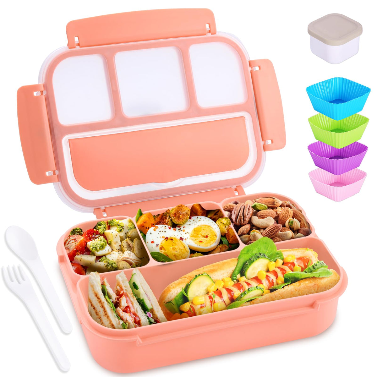 Bento Box Adult Lunch Box, Containers for Adults Men Women with 4 Compartments, Lunchable Food Container with Utensils, Sauce Jar, Muffin Liners, 40 Oz/5 Cup, Microwave & Dishwasher Safe, Brown
