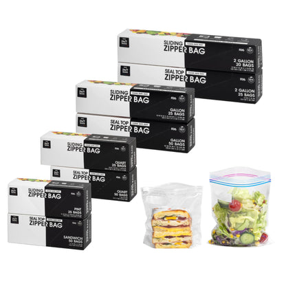 Variety Slider Storage Bags, 4 Sizes- 145 Count, Expandable Bottom, Microwave-Safe, Zero BPA