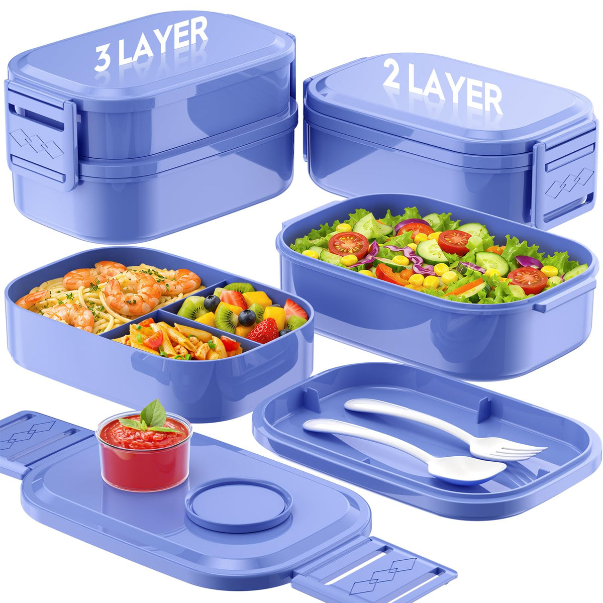 BiuLeon Bento Box Adult Lunch Box, 65 Oz Capacity Lunch Containers(Adjustable 2/3 Tier), BPA-Free, Leak-Proof and Stackable Bento Lunch Box, Microwave & Dishwasher Safe with Utensils(Gray)