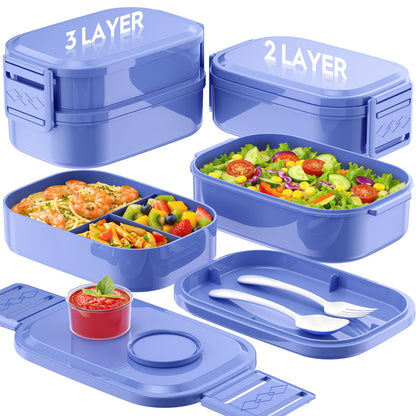 BiuLeon Bento Box Adult Lunch Box, 65 Oz Capacity Lunch Containers(Adjustable 2/3 Tier), BPA-Free, Leak-Proof and Stackable Bento Lunch Box, Microwave & Dishwasher Safe with Utensils(Gray)
