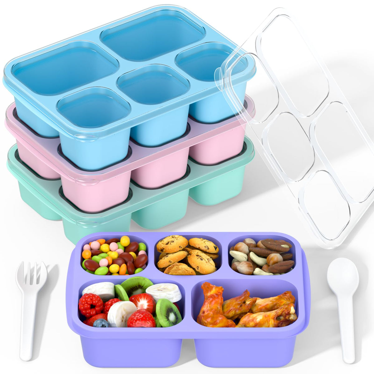 Bento Box Adult Lunch Box - 4 Pack, 5 - Compartment Meal Prep Container for Kids, Reusable Food Storage Snack Containers - Stackable for School, Work, and Travel (Wheat(Green/Blue/Pink/Beige))