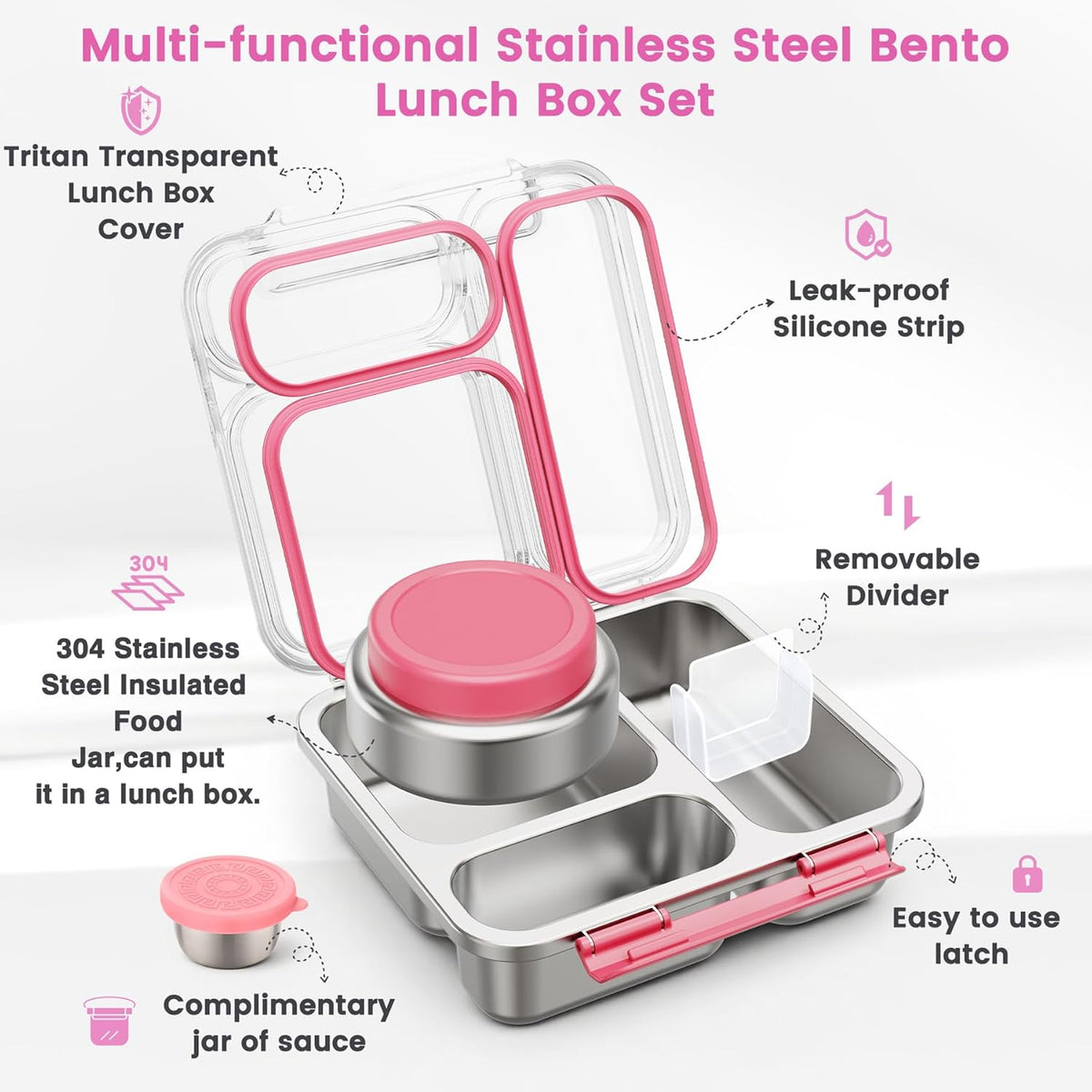 Stainless Steel Bento Box Kids Adult with 7oz Soup Thermo, Transparent Lid 3 Compartments Metal Bento Lunch Box with Insulated Food Jar,Lunch Box Container Sauce Cup for School,BPA-Free(Pink)
