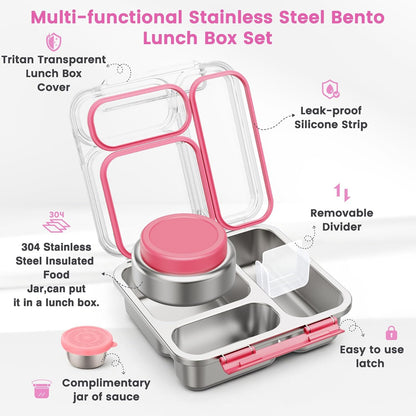 Stainless Steel Bento Box Kids Adult with 7oz Soup Thermo, Transparent Lid 3 Compartments Metal Bento Lunch Box with Insulated Food Jar,Lunch Box Container Sauce Cup for School,BPA-Free(Pink)