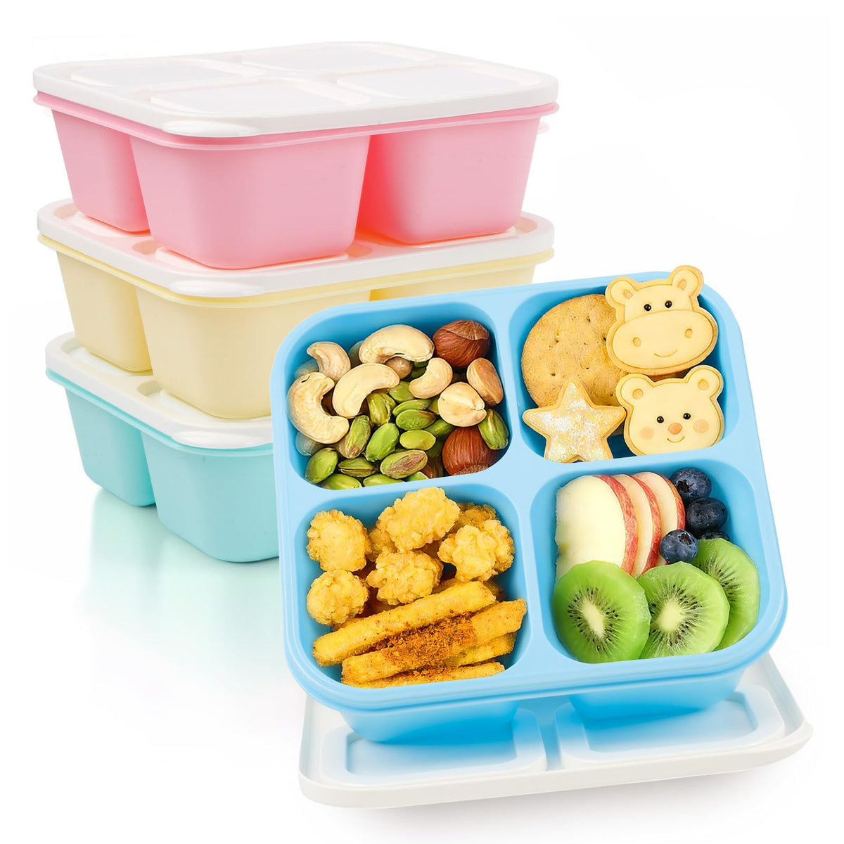 Bento Box Adult Lunch Box- 4 Pack,4 Compartment Snack Containers Reusable Meal Prep Stackable BPA-Free Lunch Containers for Home, Work, Travel (4 Color)