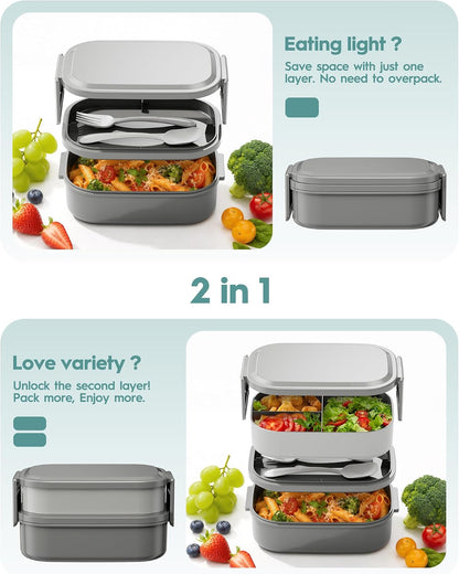 BiuLeon Bento Box Adult Lunch Box, 65 Oz Capacity Lunch Containers(Adjustable 2/3 Tier), BPA-Free, Leak-Proof and Stackable Bento Lunch Box, Microwave & Dishwasher Safe with Utensils(Gray)
