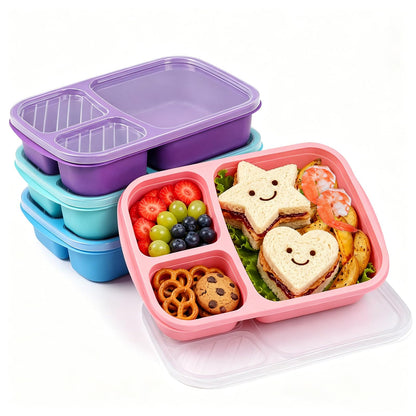 buluker 4 Pack Bento Lunch Box Set 3 Compartment Food Storage Containers Wheat Straw Meal Prep Lunch Box Plastic Food Storage Containers, Microwave and Dishwasher Safe (light colour)