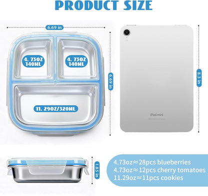 Stainless Steel Snack Containers, 3 Compartments Reusable on and go Bento Box with Lids for Kids, Lunch Box Pre Meal Storage for Daycare School Outdoor Camping Travel - Blue