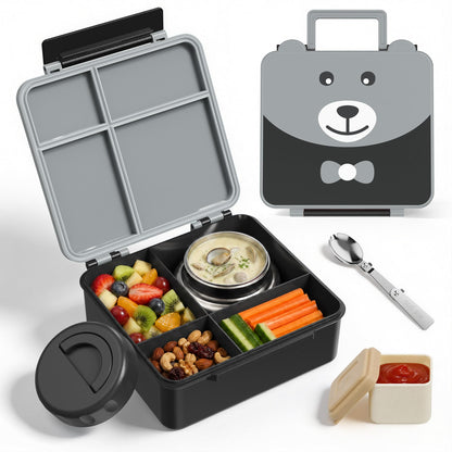 Kids Bento Lunch Box Leak-Proof 4-Compartment 8oz Soup Thermo（Pink）