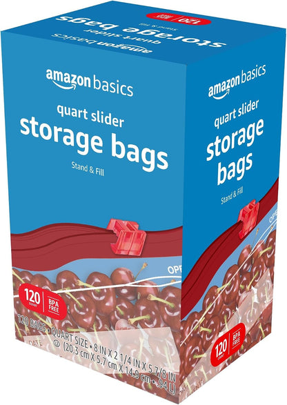 Amazon Basics Slider Quart Food Storage Bags with Stand-Up Bottom, Easy to Fill, BPA Free, 120 Count (Previously Solimo)