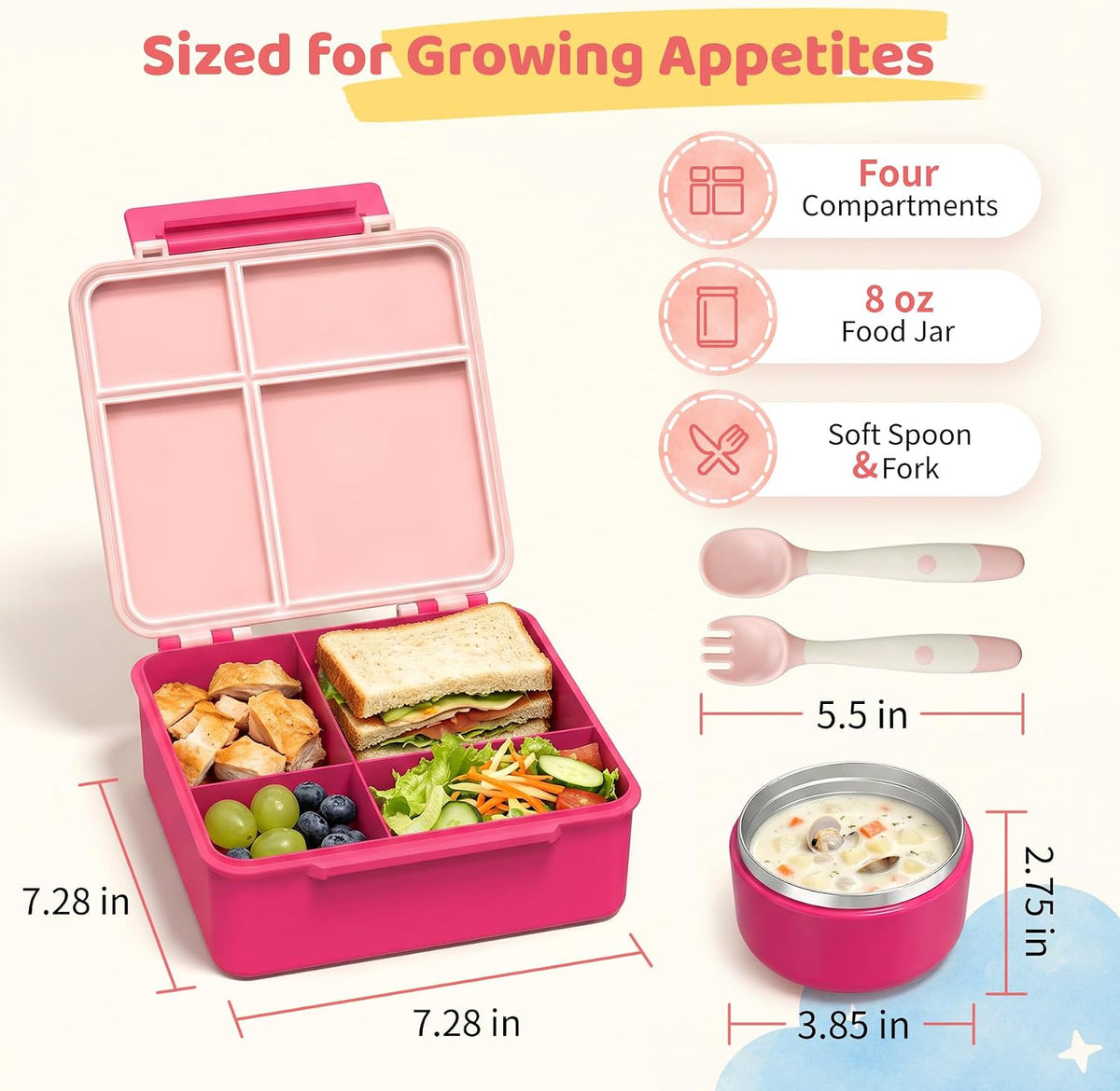 Pawtong Bento Lunch Box with 8oz Soup Thermo, Kids Leakproof Lunch Food Containers with 4 Compartment, Kids Thermo Insulated Hot Food Jar for School, Trvael - (Pink)