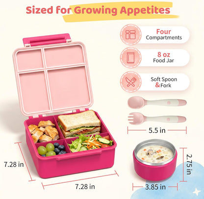 Pawtong Bento Lunch Box with 8oz Soup Thermo, Kids Leakproof Lunch Food Containers with 4 Compartment, Kids Thermo Insulated Hot Food Jar for School, Trvael - (Pink)