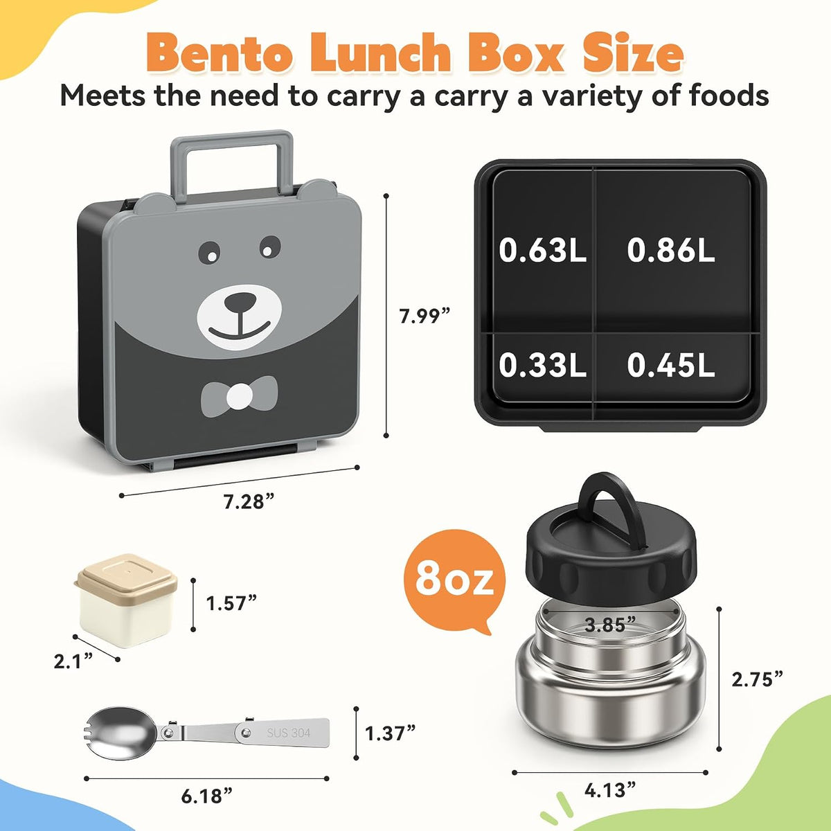Bento Lunch Box for Kids with 9oz Soup Thermo,Kids 4 Compartments Bento Box with Folding Spoon & Sauce Cup,Lunch Box Kids for School,Travel, BPA-Free(Black)