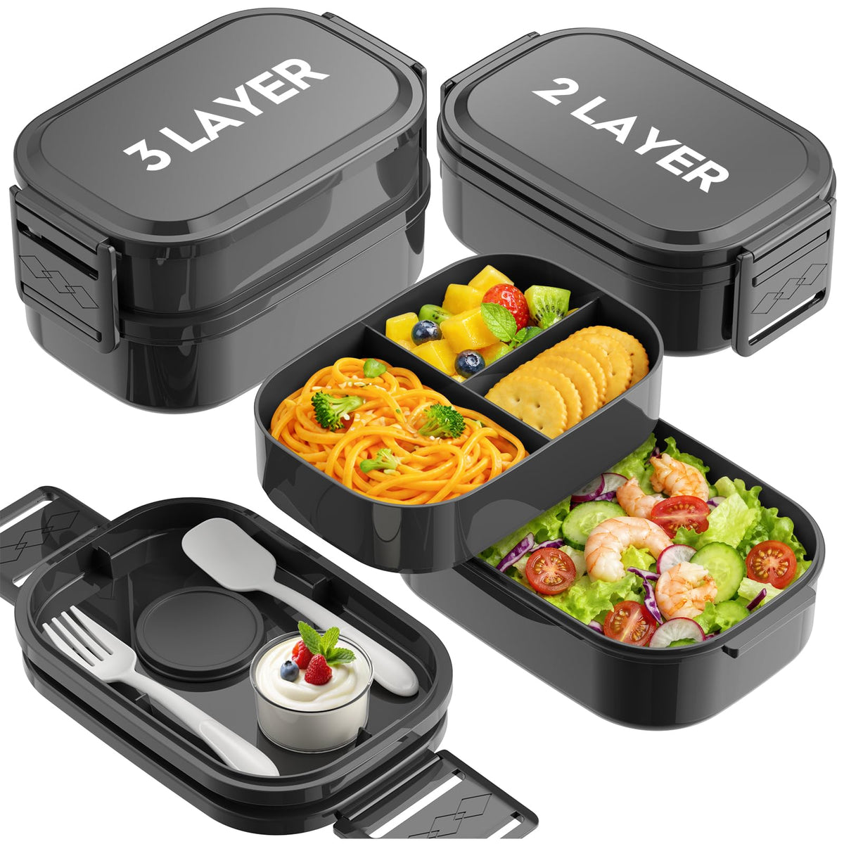 Bento Lunch Box, 65 oz 3-Tier Stackable Lunch Container, Adjustable 2/3 Tier Design, BPA-Free Food-Grade Plastic, Leakproof, Microwave & Dishwasher Safe, Green