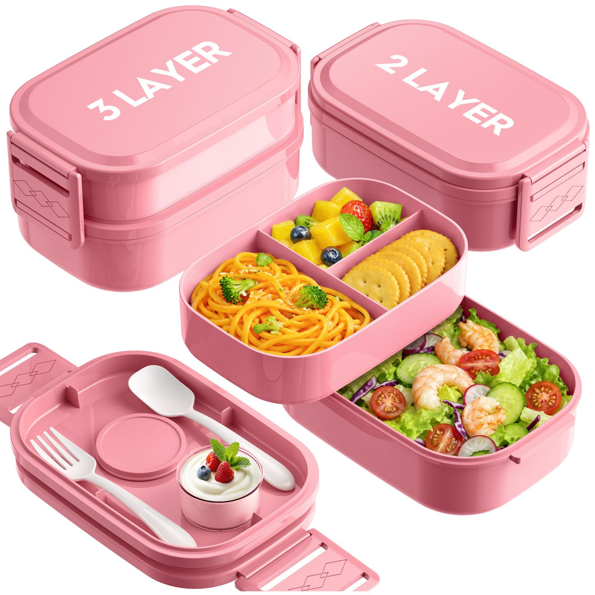 Bento Lunch Box, 65 oz 3-Tier Stackable Lunch Container, Adjustable 2/3 Tier Design, BPA-Free Food-Grade Plastic, Leakproof, Microwave & Dishwasher Safe, Green